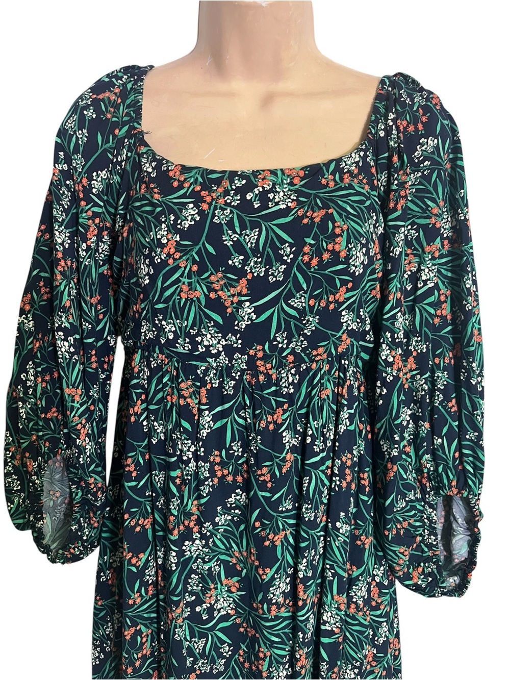 Anthro Lost + Wander Navy Blue Floral Wide Neckline 3/4 Puff Sleeve Maxi Dress S - Picture 5 of 11